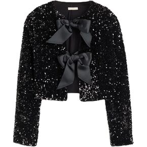 Women's Sequin Jacket Long Sleeve Tie Front Bow Glitter Cropped Tops