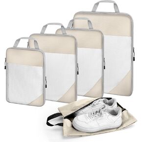 5 Set Compression Packing Cubes Travel: Suitcase Organizers Bags for Compression Luggage Organizer Bags for Traveling Packing Organizers for Travel Essentials Accessories, Beige