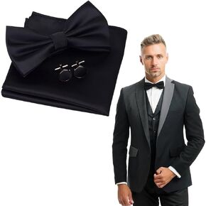 GTERT Men' Bow Tie, Self-Tie, Solid Color Double Fold Bow Tie for Men, Adjustable Bowtie for Banquet, Wedding, Business, Leisure, Pocket Square Cufflink Set with Gift Box - Black