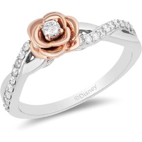 Jewelili Enchanted Disney Fine Jewelry Sterling Silver and 10K Rose Gold 1/5 Cttw Diamond Belle Rose Ring