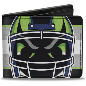 Buckle-Down Men's Wallet, Bifold, Football Helmet Stripe Black Neon Green Silver White Blue, Vegan Leather, 4.0" x 3.5"