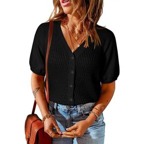 Dokotoo Womens Summer Tops 2024 Trendy V Neck Hollow Out Crochet Button Down Shirts Puff Sleeves Blouses