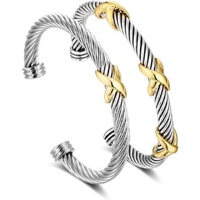 NANDUDU 2 Pcs Cuff Bracelet for Women Cable Wire Bracelet - Stainless Steel Two Tone Twisted Bangle - Silver Cuff Knot Vintage Bracelets Jewelry Gifts