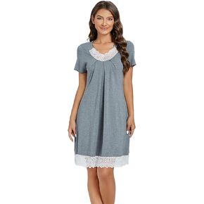 LYANER Women's Lace Trim Soft Nightshirt V Neck Short Sleeve Pleated Nightgowns Sleepwear