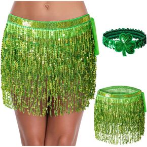 LENSOUS Girls Women's Sequins Tassel Skirt Mardi Gras St. Patrick's Day Outfits Costume Dance Skirts