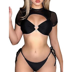 MakeMeChic Women's 2 Piece Bikini Sets Short Sleeve Cut Out Ring Linked Swimsuit Tie Side Bathing Suits