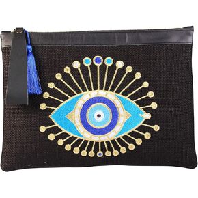 Evil Eye Embroidery Black Jute Clutch Bag Sun Beach Summer Style, Medium