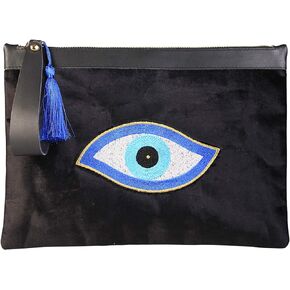 Evil Eye Embroidery Black Velvet Clutch Bag Eyes of RA Beach Summer Style, Medium