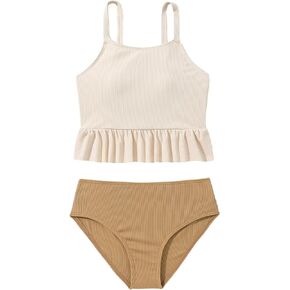 Floerns Girl's Color Block Ruffle Trim Two Piece Bikini Swimsuit