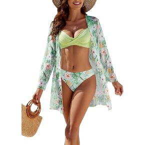 Women's Tropical 3 Piece Swimsuit Set Triangle High Waist Bikini Sets with Long Sleeve Cover Up