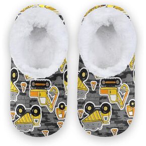 Construction Machines Truck Kids House Slippers Retro Excavator Car Boys Closed Back Fuzzy Feet Slippers Girls Coral Fleece Slipper Socks No Skid Warm Cozy Home Slippers For Indoor Outdoor Winter XS