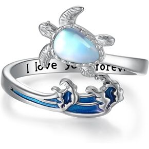 Sea Turtle Ring 925 Sterling Silver Turtle Ocean Wave Open Ring Beach Blue Opal Tortoise Rings I Love You Forever Jewelry Birthday Valentines Day Gifts for Women