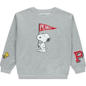 Peanuts Ladies Snoopy Fashion Sweatshirt Crewneck with Chenille Patch and Embroidery Sleeve Prints - Snoopy Sweatshirt