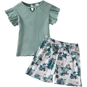 Axumity Toddler Girl Clothes Outfits Tropical Print Ruffle Trim Top + Belted Floral Shorts 2PC Summer Clothing Set