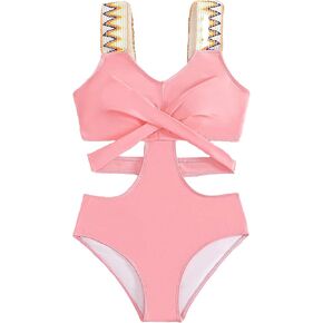 OYOANGLE Girl's Boho Printed Sports One Piece Swimsuit Criss Cross Cut Out Straps Bathing Suits Swimwear in Saudi Arabia