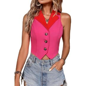 WDIRARA Women's Colorblock Button Front Collar Sleeveless Asymmetrical Hem Crop Vest Blazer