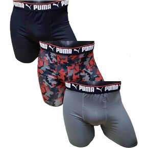PUMA Men's 3 Pack Performance Boxer Briefs, Black/Red Camo/Grey, Large