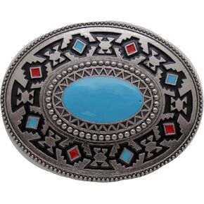 Men Western Fashion Belt Buckle Silver Metal Ethnic Cowboy Turquoise Blue Native Style, One Size