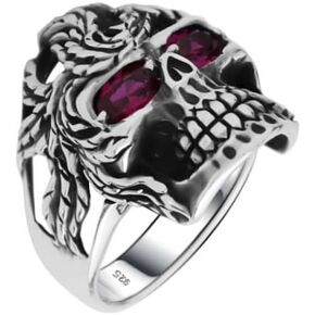 Solid 925 Sterling Silver Ruby Color Red Eyes Retro Gothic Biker Skull Luxury Men's Ring