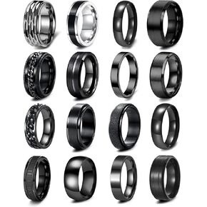 RIOSO 16Pcs Men's Stainless Steel Rings Cool Silver Band Ring for Women Men Simple Wedding Engagement Ring Set
