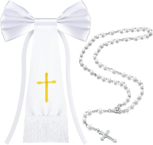 Hinly 2 جهاز كمبيوتر شخصى 11 بوصة أول مناولة الصبي ذراع الفرقة الملحقات 19.7 بوصة حبة المسبحة الكاثوليكية البوليستر الصليب المطرزة الصبي الأبيض شارة للبنين أو الفتيات الكنيسة الكاثوليكية المركزية هدية in Kuwait