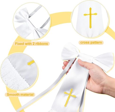 Hinly 2 جهاز كمبيوتر شخصى 11 بوصة أول مناولة الصبي ذراع الفرقة الملحقات 19.7 بوصة حبة المسبحة الكاثوليكية البوليستر الصليب المطرزة الصبي الأبيض شارة للبنين أو الفتيات الكنيسة الكاثوليكية المركزية هدية in Kuwait