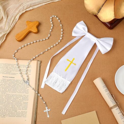 Hinly 2 جهاز كمبيوتر شخصى 11 بوصة أول مناولة الصبي ذراع الفرقة الملحقات 19.7 بوصة حبة المسبحة الكاثوليكية البوليستر الصليب المطرزة الصبي الأبيض شارة للبنين أو الفتيات الكنيسة الكاثوليكية المركزية هدية in Kuwait