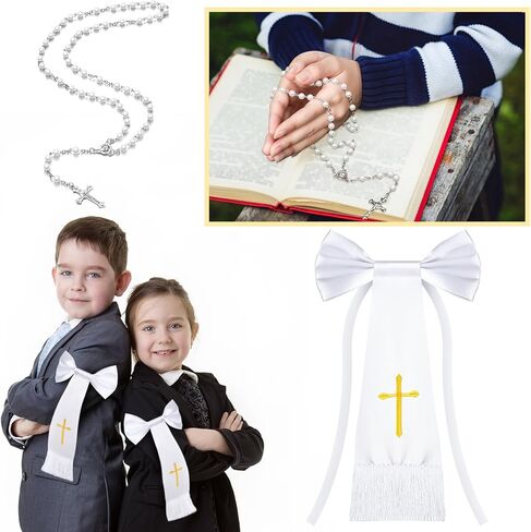 Hinly 2 جهاز كمبيوتر شخصى 11 بوصة أول مناولة الصبي ذراع الفرقة الملحقات 19.7 بوصة حبة المسبحة الكاثوليكية البوليستر الصليب المطرزة الصبي الأبيض شارة للبنين أو الفتيات الكنيسة الكاثوليكية المركزية هدية in Kuwait