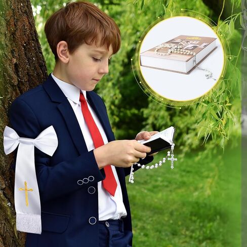 Hinly 2 جهاز كمبيوتر شخصى 11 بوصة أول مناولة الصبي ذراع الفرقة الملحقات 19.7 بوصة حبة المسبحة الكاثوليكية البوليستر الصليب المطرزة الصبي الأبيض شارة للبنين أو الفتيات الكنيسة الكاثوليكية المركزية هدية in Kuwait