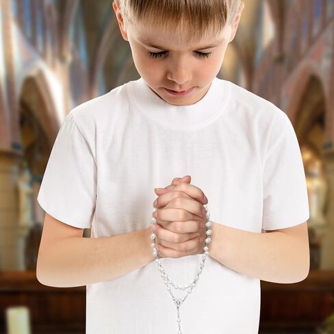 Hinly 2 جهاز كمبيوتر شخصى 11 بوصة أول مناولة الصبي ذراع الفرقة الملحقات 19.7 بوصة حبة المسبحة الكاثوليكية البوليستر الصليب المطرزة الصبي الأبيض شارة للبنين أو الفتيات الكنيسة الكاثوليكية المركزية هدية in Kuwait