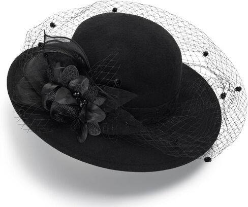 Vintage Bowler Derby Fedora Hat for Women Felt Kentucky Fascinator Hat with Flower & Feather for Party Wedding in Saudi Arabia