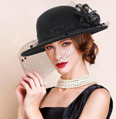 Vintage Bowler Derby Fedora Hat for Women Felt Kentucky Fascinator Hat with Flower & Feather for Party Wedding in Saudi Arabia