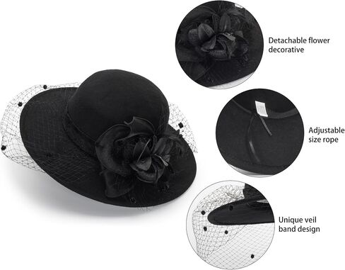 Vintage Bowler Derby Fedora Hat for Women Felt Kentucky Fascinator Hat with Flower & Feather for Party Wedding in Saudi Arabia