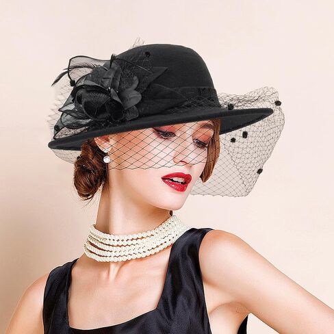 Vintage Bowler Derby Fedora Hat for Women Felt Kentucky Fascinator Hat with Flower & Feather for Party Wedding in Saudi Arabia