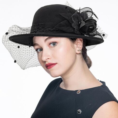 Vintage Bowler Derby Fedora Hat for Women Felt Kentucky Fascinator Hat with Flower & Feather for Party Wedding in Saudi Arabia