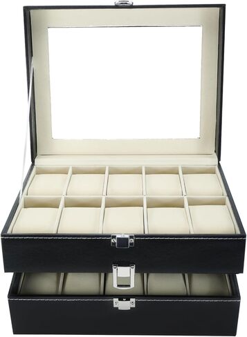 NovelBee 20 Slots Watch Boxes Watch Jewelry Display Case Organize with Removable Cushions,Framed Glass and Secure Lock for Watch Jewelry Storage in Saudi Arabia