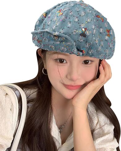 RARITYUS Butterfly Sequin Denim Beret for Women Girls Fashion Adjustable Newsboy Cap French Artist Beanie Visor Hat in Saudi Arabia
