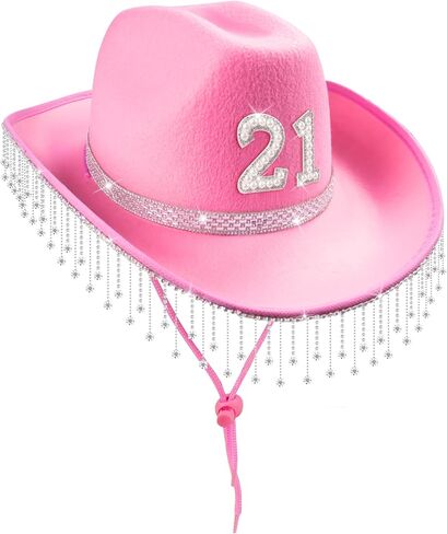 JUSTOTRY 21st Birthday Pink Cowboy Hat with Rhinestone - 21 Birthday Outfit Gifts for Women Cowgirl Hats with Wide Brime in Saudi Arabia