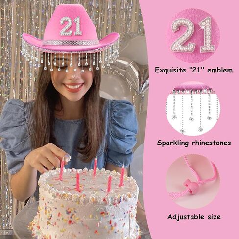 JUSTOTRY 21st Birthday Pink Cowboy Hat with Rhinestone - 21 Birthday Outfit Gifts for Women Cowgirl Hats with Wide Brime in Saudi Arabia