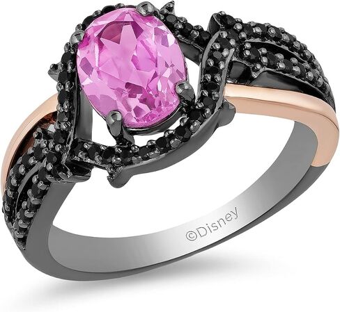 Jewelili Enchanted Disney Fine Jewelry 14K Rose Gold Over Sterling Silver with Black Rhodium Oval Created Pink Sapphire and 1/4 Cttw Treated Black Round Diamond Maleficent Ring in Saudi Arabia
