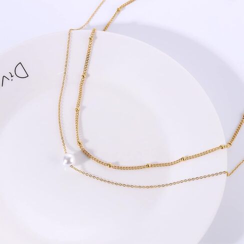 Klenai Valentines Day Gifts for Mom - Dainty Layered Pearl Necklace for Women 14K Gold Plated Freshwater Pearl Chain Necklace Classic Simple Pearl Jewelry Gift in Saudi Arabia
