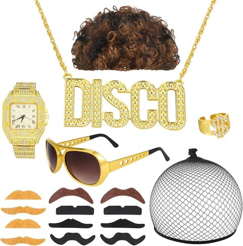 مجموعة أزياء شعر مستعار هيبي ديسكو مكونة من 18 قطعة للرجال والنساء، شعر مستعار بني أفريقي، نظارات شمسية، 12 تصميمًا للشارب وخاتم ذهبي وقلادة ساعة ذهبية صناعية لحفلات الديسكو 50/60/70 ثانية in Kuwait