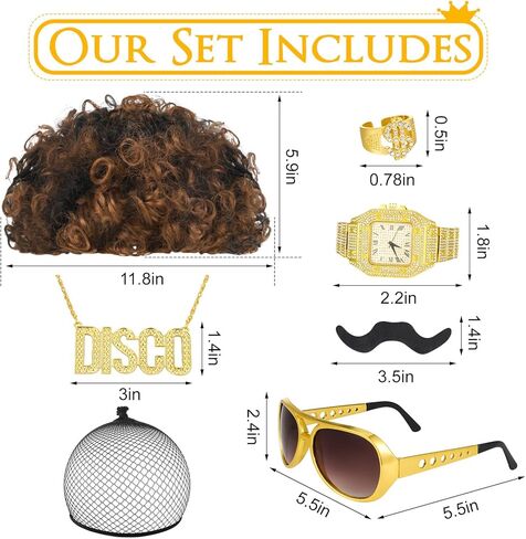مجموعة أزياء شعر مستعار هيبي ديسكو مكونة من 18 قطعة للرجال والنساء، شعر مستعار بني أفريقي، نظارات شمسية، 12 تصميمًا للشارب وخاتم ذهبي وقلادة ساعة ذهبية صناعية لحفلات الديسكو 50/60/70 ثانية in Kuwait