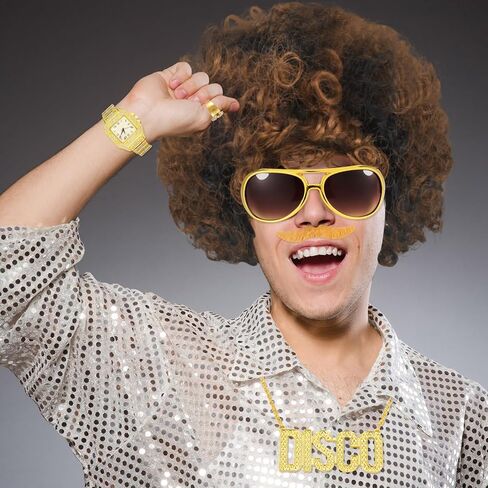 مجموعة أزياء شعر مستعار هيبي ديسكو مكونة من 18 قطعة للرجال والنساء، شعر مستعار بني أفريقي، نظارات شمسية، 12 تصميمًا للشارب وخاتم ذهبي وقلادة ساعة ذهبية صناعية لحفلات الديسكو 50/60/70 ثانية in Kuwait