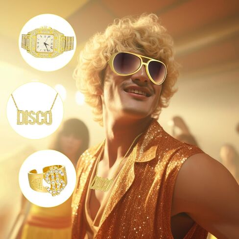 مجموعة أزياء شعر مستعار هيبي ديسكو مكونة من 18 قطعة للرجال والنساء، شعر مستعار بني أفريقي، نظارات شمسية، 12 تصميمًا للشارب وخاتم ذهبي وقلادة ساعة ذهبية صناعية لحفلات الديسكو 50/60/70 ثانية in Kuwait