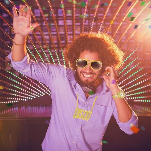 مجموعة أزياء شعر مستعار هيبي ديسكو مكونة من 18 قطعة للرجال والنساء، شعر مستعار بني أفريقي، نظارات شمسية، 12 تصميمًا للشارب وخاتم ذهبي وقلادة ساعة ذهبية صناعية لحفلات الديسكو 50/60/70 ثانية in Kuwait