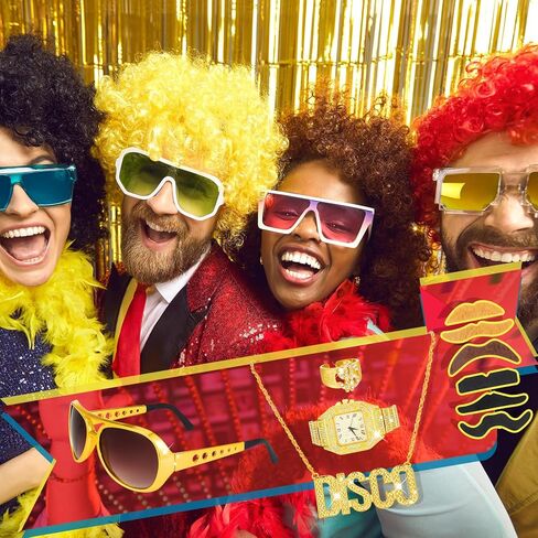 مجموعة أزياء شعر مستعار هيبي ديسكو مكونة من 18 قطعة للرجال والنساء، شعر مستعار بني أفريقي، نظارات شمسية، 12 تصميمًا للشارب وخاتم ذهبي وقلادة ساعة ذهبية صناعية لحفلات الديسكو 50/60/70 ثانية in Kuwait