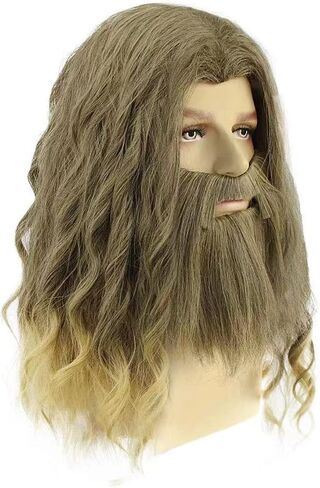 Beard Thor Wig Cosplay Mens Golden Brown Wig Long Curly Wig With Beard Heat Resistant Synthetic Halloween Costume Wig (Golden Brown) in Saudi Arabia