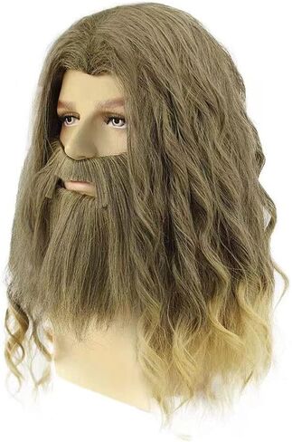 Beard Thor Wig Cosplay Mens Golden Brown Wig Long Curly Wig With Beard Heat Resistant Synthetic Halloween Costume Wig (Golden Brown) in Saudi Arabia