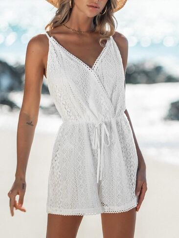CUPSHE Women's V Neck Floral Lace Jumpsuit Sleeveless Drawstring Short Romper Mini Jumpsuit in Saudi Arabia